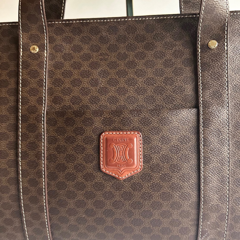 Celine Macadam Brown Tan Genuine Leather Hand Bag Shoulder Bag Business Bag - Picture 3 of 16